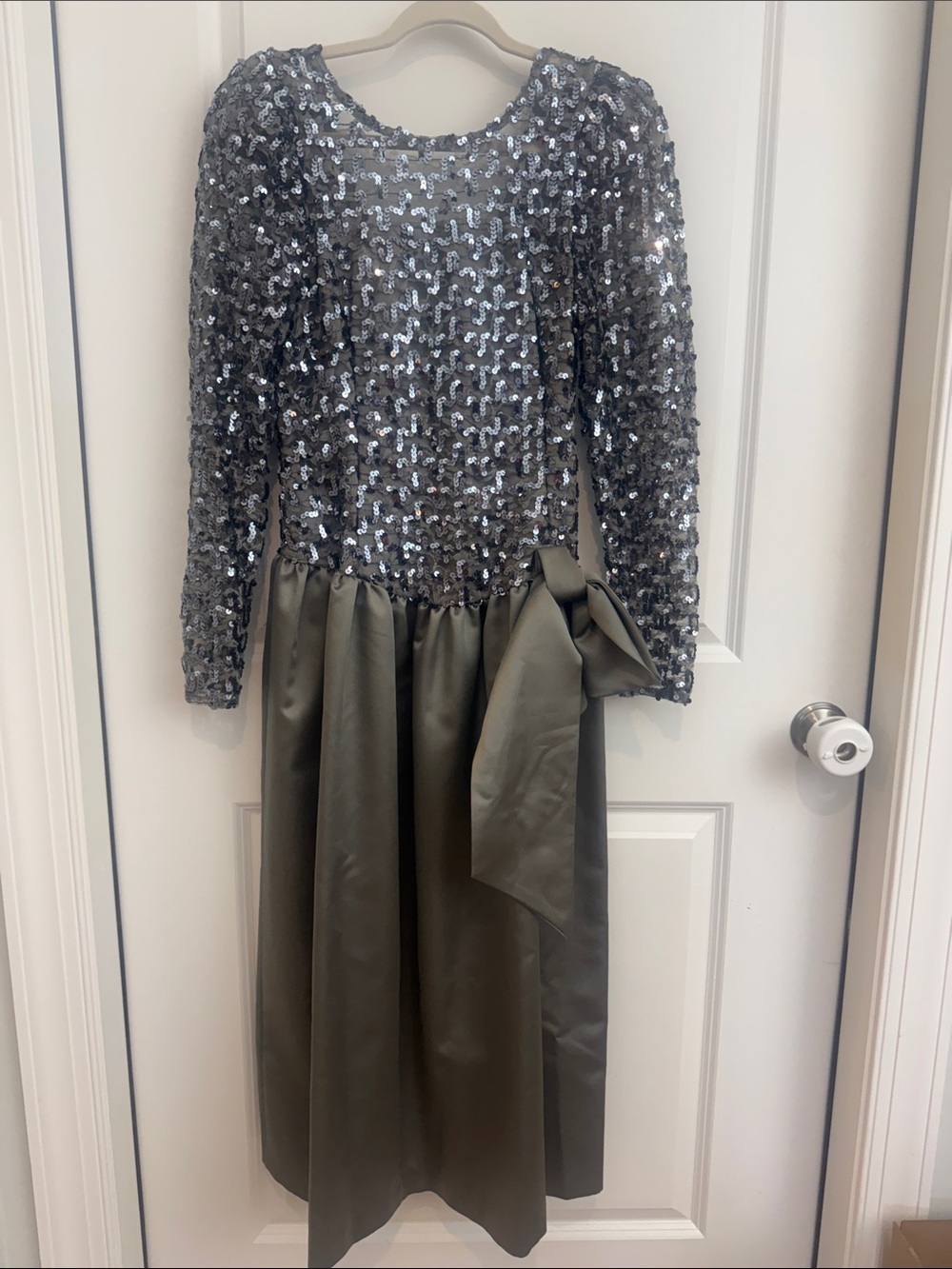 Cachet Silver Sequin Bodice Gray Satin Skirt Cocktail Dress